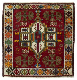 Full view of 2000s Shiraz rug from Iran / Persia, 73 × 70 cm in Red tones