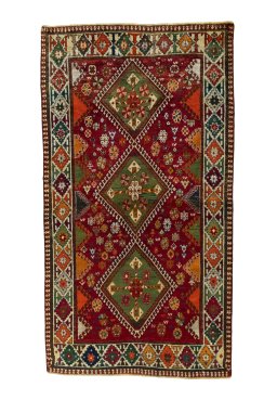 Full view of 2000s Shiraz rug from Iran / Persia, 226 × 123 cm in Red tones
