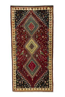 Full view of 2000s Shiraz rug from Iran / Persia, 220 × 108 cm in Red tones