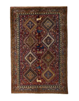 Full view of 2000s Shiraz rug from Iran / Persia, 322 × 211 cm in Red tones