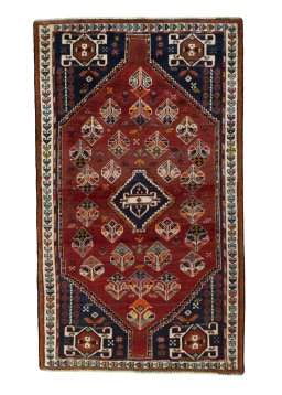 Full view of 2000s Shiraz rug from Iran / Persia, 210 × 124 cm in Red tones