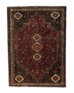 Full view of 2000s Shiraz rug from Iran / Persia, 318 × 231 cm in Red tones