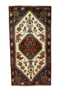 Full view of 2000s Shiraz rug from Iran / Persia, 162 × 85 cm in Beige tones