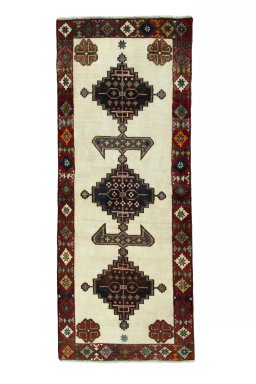 Full view of 2000s Shiraz rug from Iran / Persia, 203 × 80 cm in Beige tones