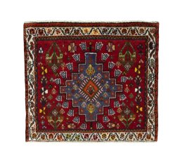 Full view of 2000s Shiraz rug from Iran / Persia, 58 × 65 cm in Red tones