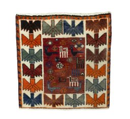 Full view of 2000s Shiraz rug from Iran / Persia, 51 × 51 cm in Red tones