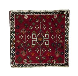 Full view of 2000s Shiraz rug from Iran / Persia, 57 × 60 cm in Red tones