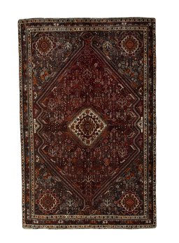 Full view of 2000s Shiraz rug from Iran / Persia, 270 × 176 cm in Red tones