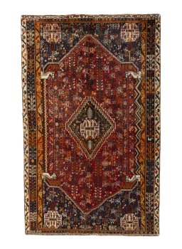 Full view of 2000s Shiraz rug from Iran / Persia, 253 × 160 cm in Red tones
