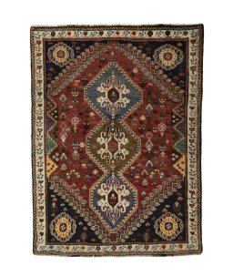 Full view of 2000s Shiraz rug from Iran / Persia, 158 × 118 cm in Red tones