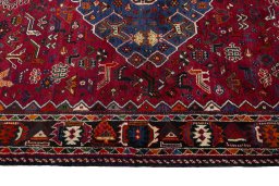 Full view of 2000s Shiraz rug from Iran / Persia, 225 × 150 cm in Red tones