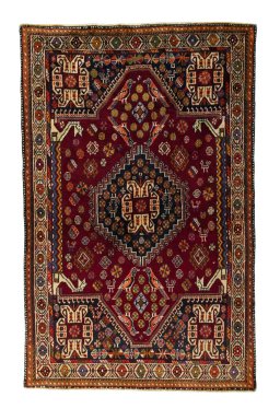 Full view of 2000s Shiraz rug from Iran / Persia, 208 × 132 cm in Red tones