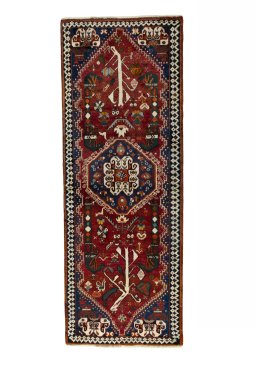 Full view of 2000s Shiraz rug from Iran / Persia, 234 × 87 cm in Red tones