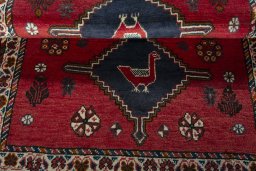 Full view of 2000s Shiraz rug from Iran / Persia, 152 × 101 cm in Red tones