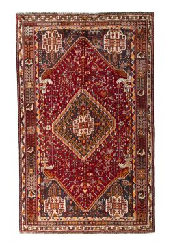 Full view of 2000s Shiraz rug from Iran / Persia, 254 × 159 cm in Red tones