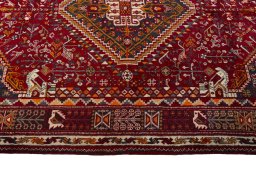 Full view of 2000s Shiraz rug from Iran / Persia, 254 × 159 cm in Red tones