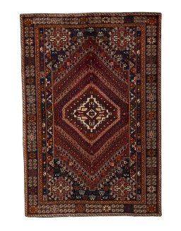 Full view of 2000s Shiraz rug from Iran / Persia, 257 × 176 cm in Red tones
