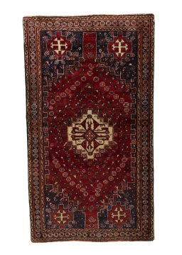 Full view of 2000s Shiraz rug from Iran / Persia, 198 × 112 cm in Red tones