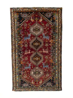 Full view of 2000s Shiraz rug from Iran / Persia, 274 × 166 cm in Red tones