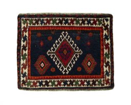 Full view of 2000s Shiraz rug from Iran / Persia, 47 × 61 cm in Blue tones