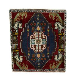 Full view of 2000s Shiraz rug from Iran / Persia, 76 × 70 cm in Red tones