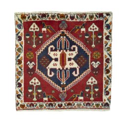 Full view of 2000s Shiraz rug from Iran / Persia, 61 × 63 cm in Red tones