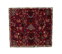 Full view of 2000s Shiraz rug from Iran / Persia, 53 × 58 cm in Red tones