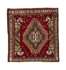 Full view of 2000s Shiraz rug from Iran / Persia, 66 × 64 cm in Red tones