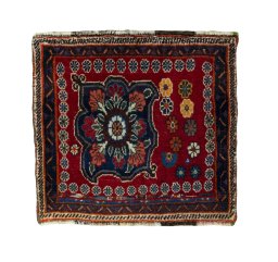 Full view of 2000s Shiraz rug from Iran / Persia, 55 × 61 cm in Red tones