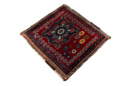 Corner detail of 2000s Shiraz rug showing border pattern and Wool pile