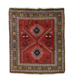 Full view of 2000s Shiraz rug from Iran / Persia, 73 × 63 cm in Red tones