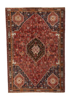 Full view of 2000s Shiraz rug from Iran / Persia, 303 × 210 cm in Red tones