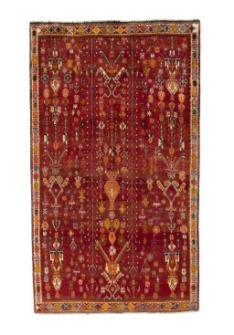 Full view of 2000s Shiraz rug from Iran / Persia, 238 × 140 cm in Red tones