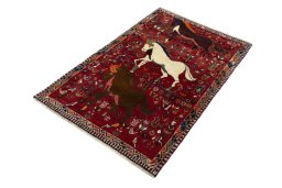 Corner detail of 2000s Shiraz rug showing border pattern and Wool pile