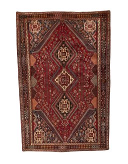 Full view of 2000s Shiraz rug from Iran / Persia, 265 × 176 cm in Red tones