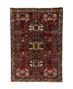 Full view of 2000s Shiraz rug from Iran / Persia, 154 × 108 cm in Red tones