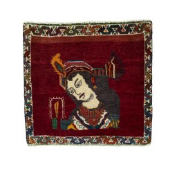Full view of 2000s Shiraz rug from Iran / Persia, 58 × 63 cm in Red tones