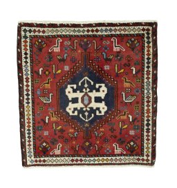 Full view of 2000s Shiraz rug from Iran / Persia, 64 × 64 cm in Red tones