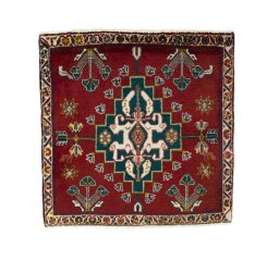 Full view of 2000s Shiraz rug from Iran / Persia, 56 × 56 cm in Red tones