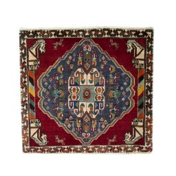 Full view of 2000s Shiraz rug from Iran / Persia, 65 × 68 cm in Red tones