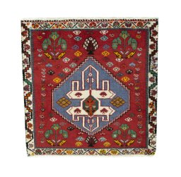 Full view of 2000s Shiraz rug from Iran / Persia, 63 × 63 cm in Red tones
