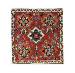 Full view of 2000s Shiraz rug from Iran / Persia, 60 × 57 cm in Red tones