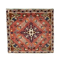 Full view of 2000s Shiraz rug from Iran / Persia, 59 × 62 cm in Red tones