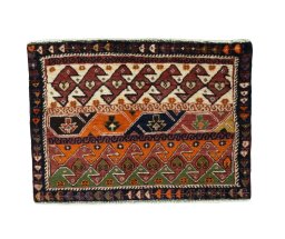 Full view of 2000s Shiraz rug from Iran / Persia, 49 × 67 cm in Multi Color tones