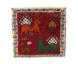 Full view of 2000s Shiraz rug from Iran / Persia, 46 × 50 cm in Red tones