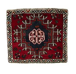Full view of 2000s Shiraz rug from Iran / Persia, 62 × 71 cm in Red tones
