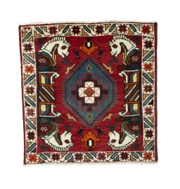 Full view of 2000s Shiraz rug from Iran / Persia, 67 × 65 cm in Red tones