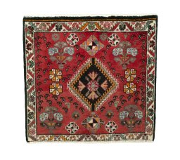 Full view of 2000s Shiraz rug from Iran / Persia, 57 × 60 cm in Red tones
