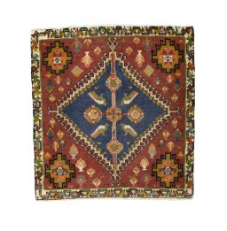Full view of 2000s Shiraz rug from Iran / Persia, 66 × 62 cm in Red tones