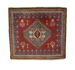 Full view of 2000s Shiraz rug from Iran / Persia, 56 × 67 cm in Red tones